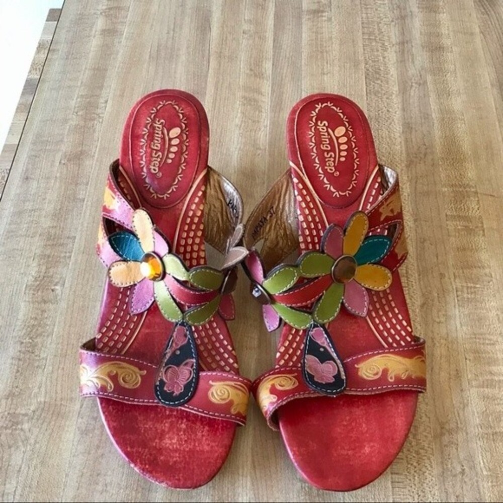 SPRING STEP Red Floral Leather Sandals Papaya Size 37 - Picture 4 of 7